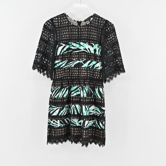 BCBGMAXAZRIA‎ Dress Sz 4 Layna Palms Print Black Teal Lace Trim Half Sleeve Mini - Picture 2 of 13